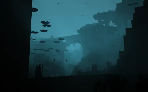 Underwater scene in Minecraft rendered with shaders, showcasing deep blue water and aquatic plants, designed as an HD PC desktop wallpaper and background.