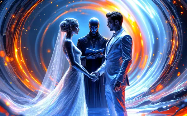 A stunning 4K Ultra HD wallpaper capturing a wedding scene, featuring a bride and groom holding hands, with a mysterious officiant surrounded by vibrant swirling colors.