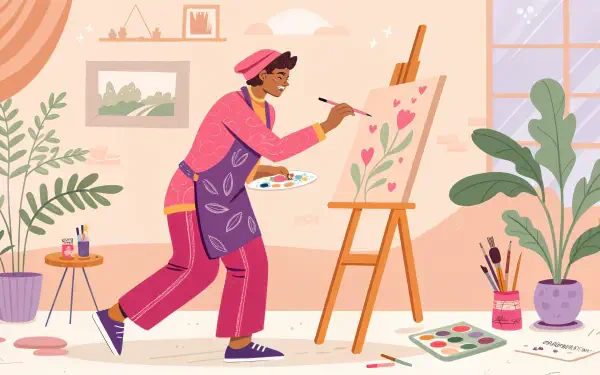 A vibrant 4K Ultra HD desktop wallpaper depicting an artist in a pink outfit painting flowers on an easel, set in a colorful studio filled with plants and art supplies.