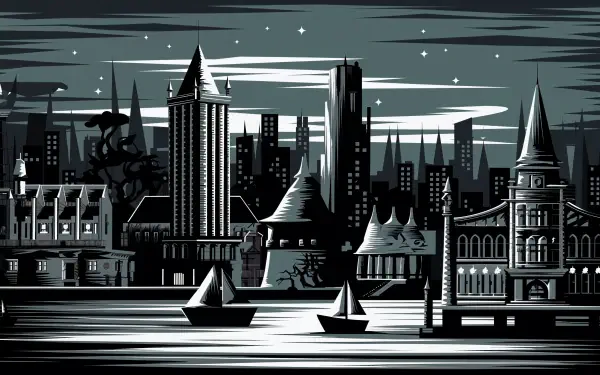 A striking 4K Ultra HD depiction of Gotham City, featuring iconic architecture silhouetted against a starry night sky, with boats floating on the water in the foreground.
