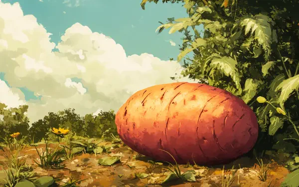 A vibrant 4K Ultra HD image of a large sweet potato resting on the ground, surrounded by greenery and under a sky with fluffy clouds.