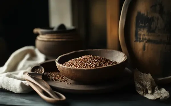 A close-up of flax seeds in a wooden bowl, set against a dimly lit background with rustic pottery and linen, offering a natural, earthy aesthetic for a 4K Ultra HD desktop wallpaper.