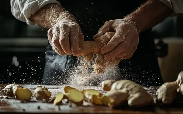 A chef's hands break fresh ginger, releasing aromatic spices, with scattered flour and ginger pieces on a wooden surface, showcasing the essence of culinary creativity. 4K Ultra HD wallpaper.