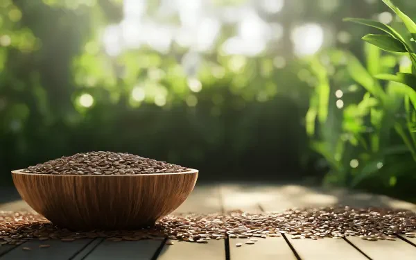 A wooden bowl filled with flax seeds sits on a wooden surface, surrounded by lush green plants, creating a serene natural backdrop. A 4K Ultra HD desktop wallpaper.