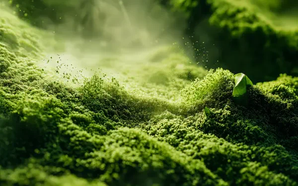 A close-up view of vibrant green matcha leaves, showcasing their texture and richness, serves as a beautiful 4K Ultra HD desktop wallpaper and background.