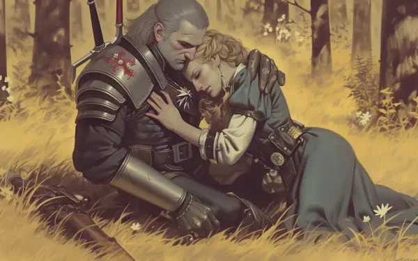 Geralt of Rivia embraces a woman in a lush, golden forest, capturing a poignant moment from The Witcher IV. A stunning HD desktop wallpaper for fans of the video game.