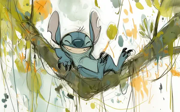 A vibrant HD wallpaper featuring Stitch from Lilo & Stitch, playfully lounging on a branch amidst colorful splashes of green and yellow, capturing his joyful spirit.