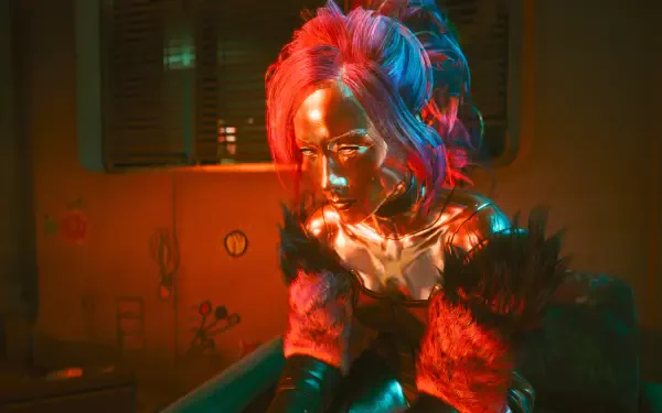A vibrant 4K Ultra HD wallpaper featuring Lizzy Wizzy from Cyberpunk 2077, showcasing her striking metallic look and colorful hair in a stylized, futuristic setting.