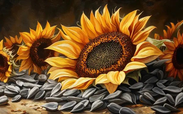 A vibrant sunflower image showcasing blooming sunflowers alongside scattered sunflower seeds, presented as a stunning 4K Ultra HD desktop wallpaper.