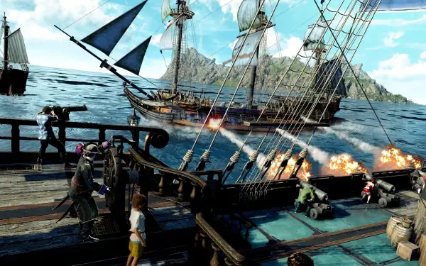 A vibrant HD wallpaper from the video game Like a Dragon: Pirate Yakuza, featuring a dynamic naval scene in Hawaii with ships and action elements on the water.