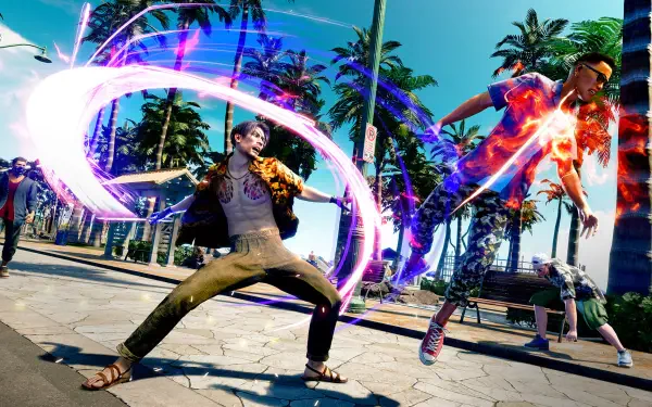 Dynamic action scene from Like a Dragon: Pirate Yakuza, featuring vibrant characters engaged in a powerful combat move against a tropical Hawaii backdrop. HD PC desktop wallpaper.