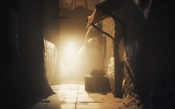 HD PC desktop wallpaper featuring a dark, atmospheric scene from the video game Little Nightmares III, showcasing a dimly lit narrow corridor with eerie lighting.