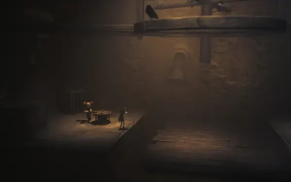 A dark, atmospheric scene from Little Nightmares III featuring two characters exploring a shadowy environment, emphasizing the game's eerie and immersive aesthetic. HD PC desktop wallpaper.