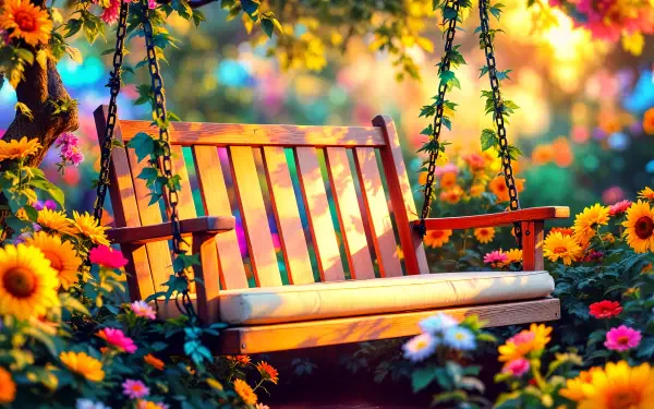 A serene patio swing surrounded by vibrant flowers and lush greenery, creating a peaceful setting. This stunning image is a 4K Ultra HD desktop wallpaper.