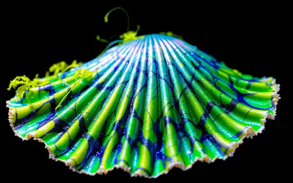 A vibrant seashell displays intricate patterns in shades of blue and green against a black background, showcasing its beauty as a stunning 4K Ultra HD desktop wallpaper.