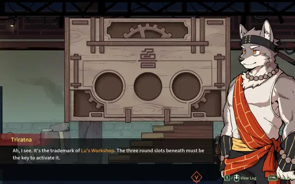 An HD PC desktop wallpaper from the video game Threefold Recital, featuring a character named Triatna discussing a puzzle related to La's Workshop.