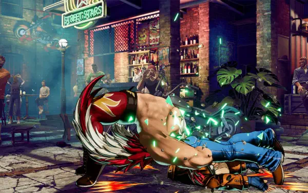 Fierce action scene from Fatal Fury: City of the Wolves, showcasing a character delivering a powerful move in a vibrant, urban fighting backdrop. HD wallpaper for fans.