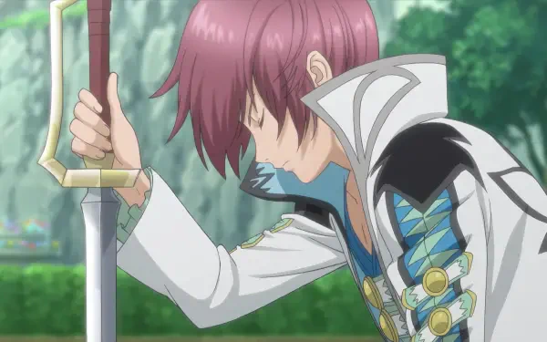 A character from *Tales of Graces f Remastered* stands contemplatively, sword in hand, set against a lush, vibrant background. A striking 4K Ultra HD wallpaper for fans of the game.