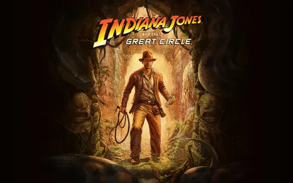HD wallpaper featuring Indiana Jones in Indiana Jones and the Great Circle, standing confidently in a lush, mysterious jungle setting with a whip in hand.