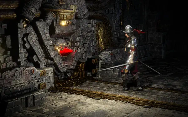 A character explores a dark, ancient temple adorned with intricate stonework and glowing elements in this 4K Ultra HD wallpaper for Path of Exile 2.