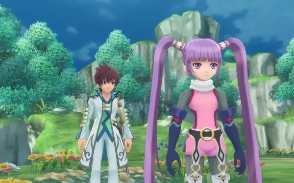 A vibrant 4K Ultra HD wallpaper from *Tales of Graces f Remastered*, featuring two characters standing in a lush landscape with trees and flowers under a bright sky.