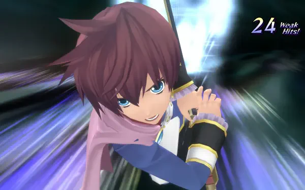 A dynamic scene from the video game Tales of Graces f Remastered, featuring a character in action against a vibrant, blurred background, showcasing 4K Ultra HD graphics.