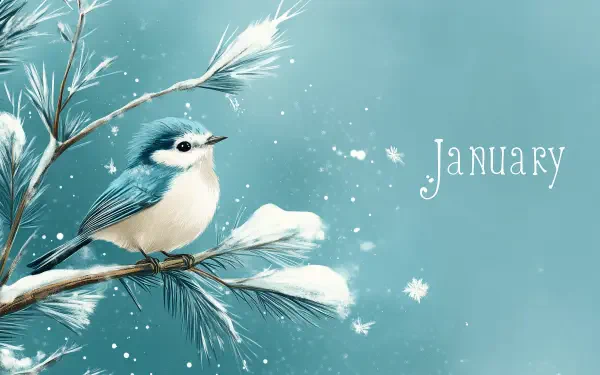A charming bird perched on a snow-dusted branch, surrounded by a serene blue background, with the word January elegantly displayed. Ideal as an HD desktop wallpaper.