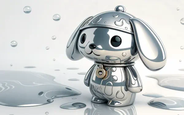 A shiny, metallic Pompompurin figure stands beside puddles, showcased in this vibrant 4K Ultra HD PC desktop wallpaper and background.
