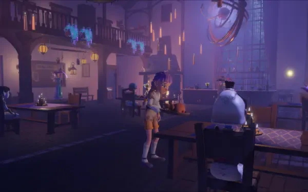 A vibrant scene from the video game Magic Inn, showcasing a mystical tavern filled with enchanting details and characters, serving as an HD PC desktop wallpaper and background.