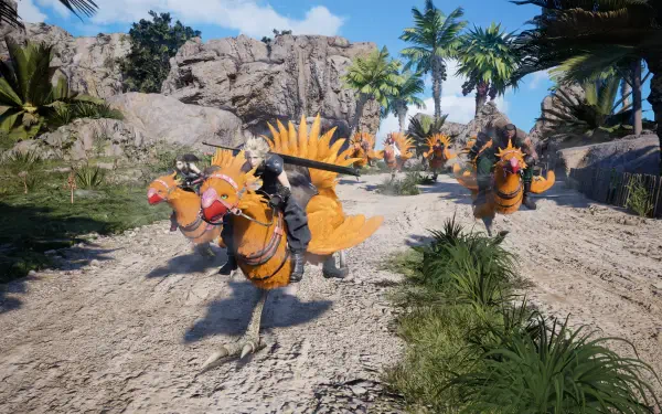 A vibrant 4K Ultra HD wallpaper featuring Chocobos from Final Fantasy VII Rebirth racing through a scenic landscape with rocky formations and tropical palm trees.
