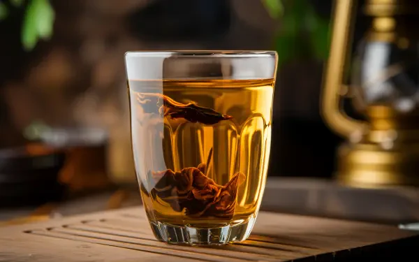 A close-up of a glass of oolong tea, showcasing its rich amber color and delicate leaves, set against a warm, inviting background. A 4K Ultra HD desktop wallpaper and background.