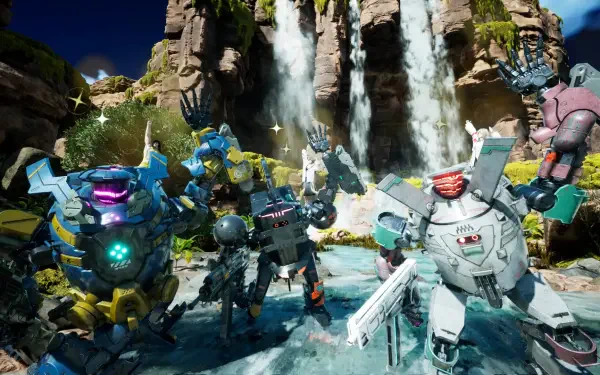 Four colorful robots pose confidently in a lush landscape featuring waterfalls, inspired by the video game SYNDUALITY Echo of Ada, serving as an engaging HD PC desktop wallpaper.