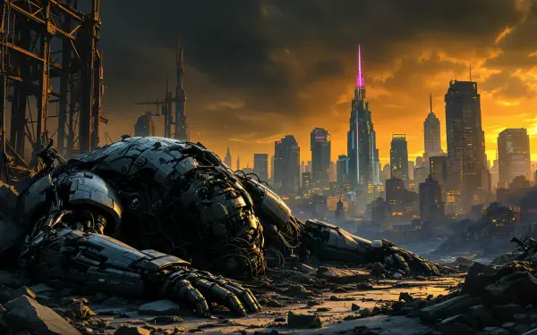 A stunning 4K Ultra HD wallpaper depicting a giant, damaged robot amidst urban ruins, with a dramatic sunset illuminating a futuristic city skyline in the background.
