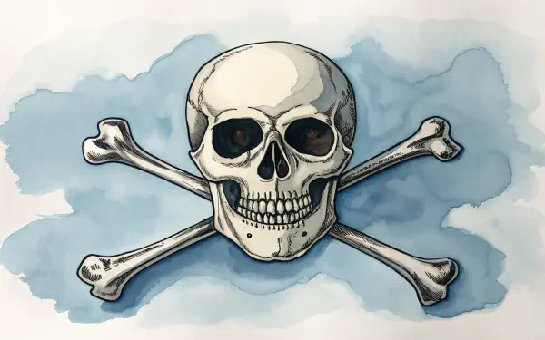 A detailed illustration of a skull and crossbones set against a soft blue background, designed as a 4K Ultra HD PC desktop wallpaper and background.