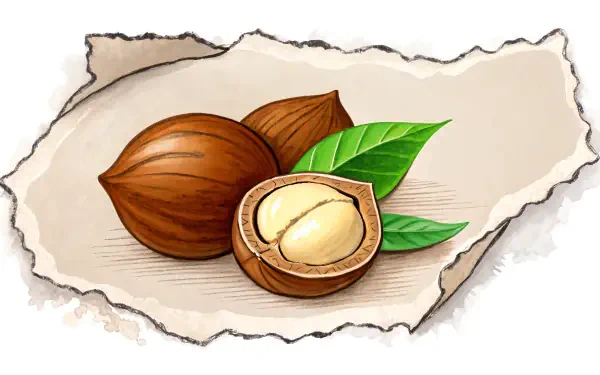 A vibrant illustration of macadamia nuts, featuring whole and cracked shells alongside green leaves, set against a textured background. 4K Ultra HD PC desktop wallpaper.