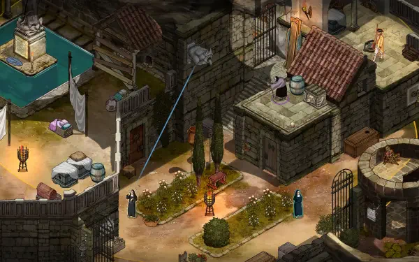 4K Ultra HD wallpaper featuring a detailed, isometric scene from the video game The Stone of Madness, depicting a mysterious village with intricate structures and characters.