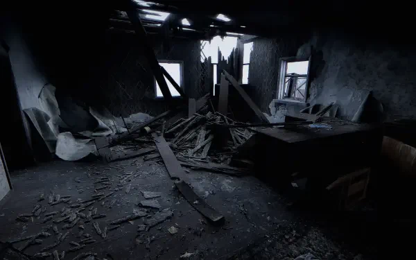 A dark, ruined interior of a building, featuring debris and broken furniture, reminiscent of the post-apocalyptic atmosphere in S.T.A.L.K.E.R. 2: Heart of Chernobyl. HD wallpaper.