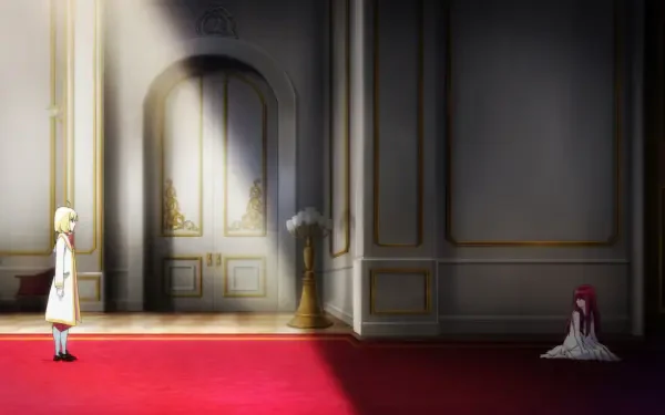 An atmospheric HD background from I Want to Escape from Princess Lessons, depicting a contrast between light and shadow in an ornate room, featuring two characters on a red carpet.