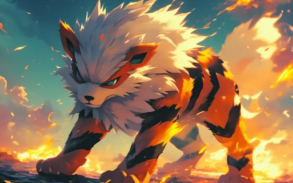 A vibrant HD desktop wallpaper featuring Arcanine from Pokémon, showcasing its fierce expression and fiery orange and black fur against a dramatic, fiery background.