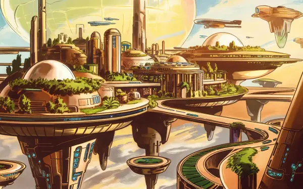 A vibrant 4K Ultra HD desktop wallpaper depicting a futuristic cityscape with floating islands, lush greenery, and advanced architecture under a glowing sky.