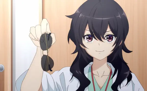 A character from the anime Ameku M.D.: Doctor Detective, Takao Ameku smiles while holding sunglasses, set against a warm wooden background. High-definition wallpaper image.