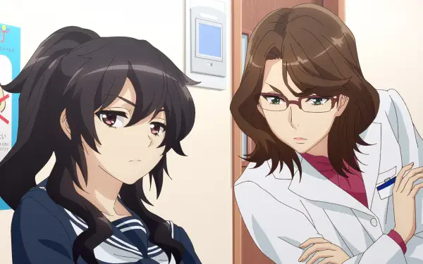 An HD wallpaper featuring characters from Ameku M.D.: Doctor Detective. Two female characters, one in a school uniform and the other in a lab coat, engage in a thoughtful exchange.