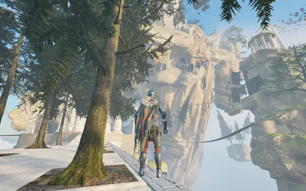 A character stands on a pathway surrounded by trees, gazing at a surreal landscape in the video game Only Up: Lizards Must Fall. An engaging HD wallpaper for PC desktops.