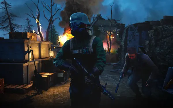 A dramatic scene from Sniper Elite: Resistance showcases armed soldiers in a tense atmosphere, surrounded by smoke and destruction, designed as a 4K Ultra HD PC desktop wallpaper.