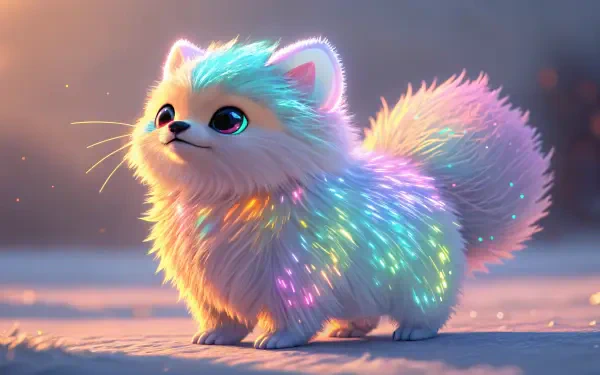 A cute and fluffy pet with colorful, glowing fur stands in a soft landscape, making for a stunning 4K Ultra HD desktop wallpaper and background.