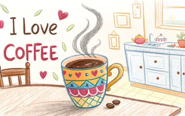 A colorful illustration featuring a patterned coffee mug with steam rising, accompanied by the text I Love Coffee against a cozy kitchen backdrop. Perfect as a 4K Ultra HD desktop wallpaper.