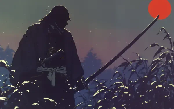 A silhouette of a samurai standing in a field, wielding a sword, set against a retro anime sunset background. This HD desktop wallpaper captures a serene yet powerful moment.