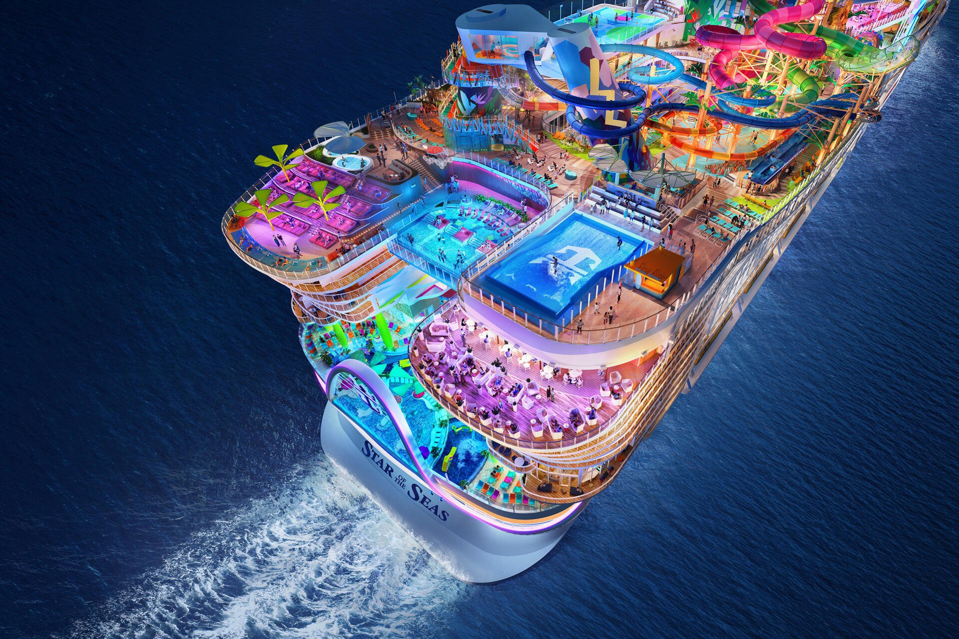 A vibrant HD desktop wallpaper featuring a man-made Royal Caribbean Cruises ship illuminated at night, showcasing its colorful pools and decks from an aerial view.