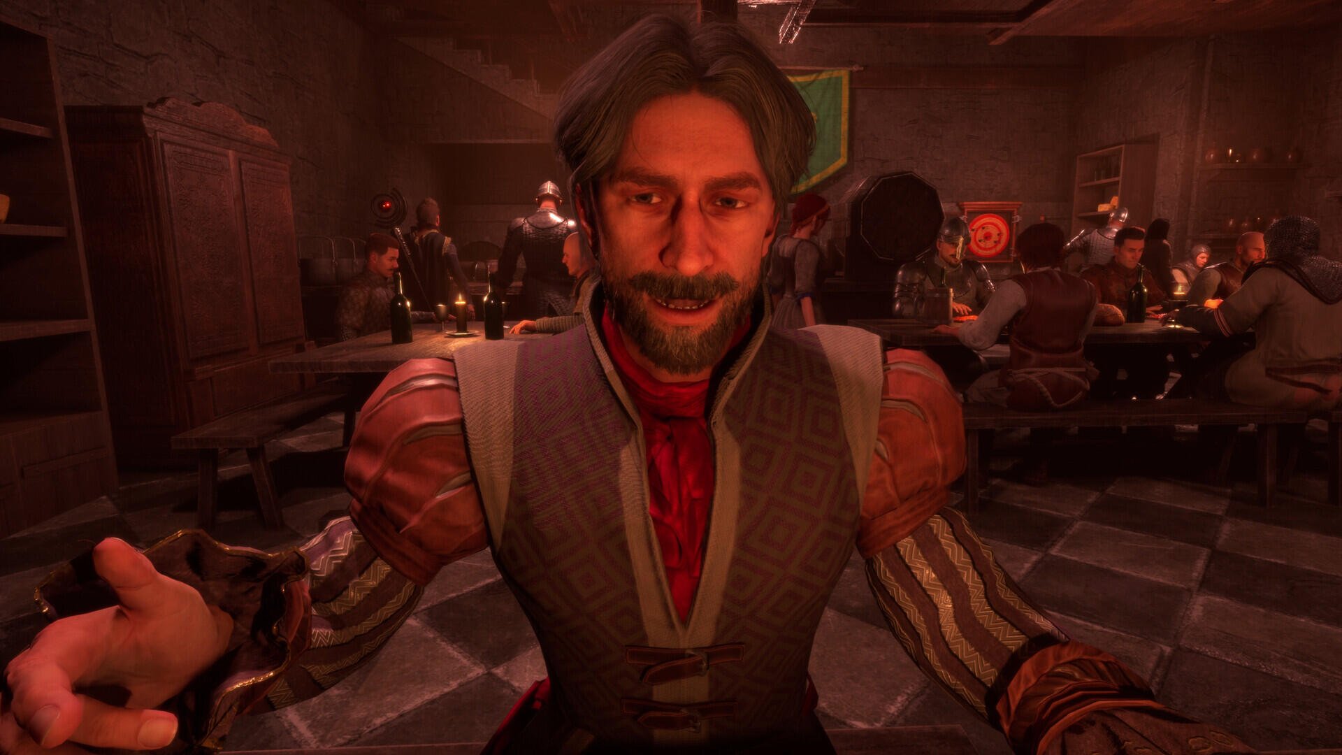 A detailed HD wallpaper from the video game The Quinfall, featuring a charismatic character in a lively tavern setting, surrounded by other patrons.