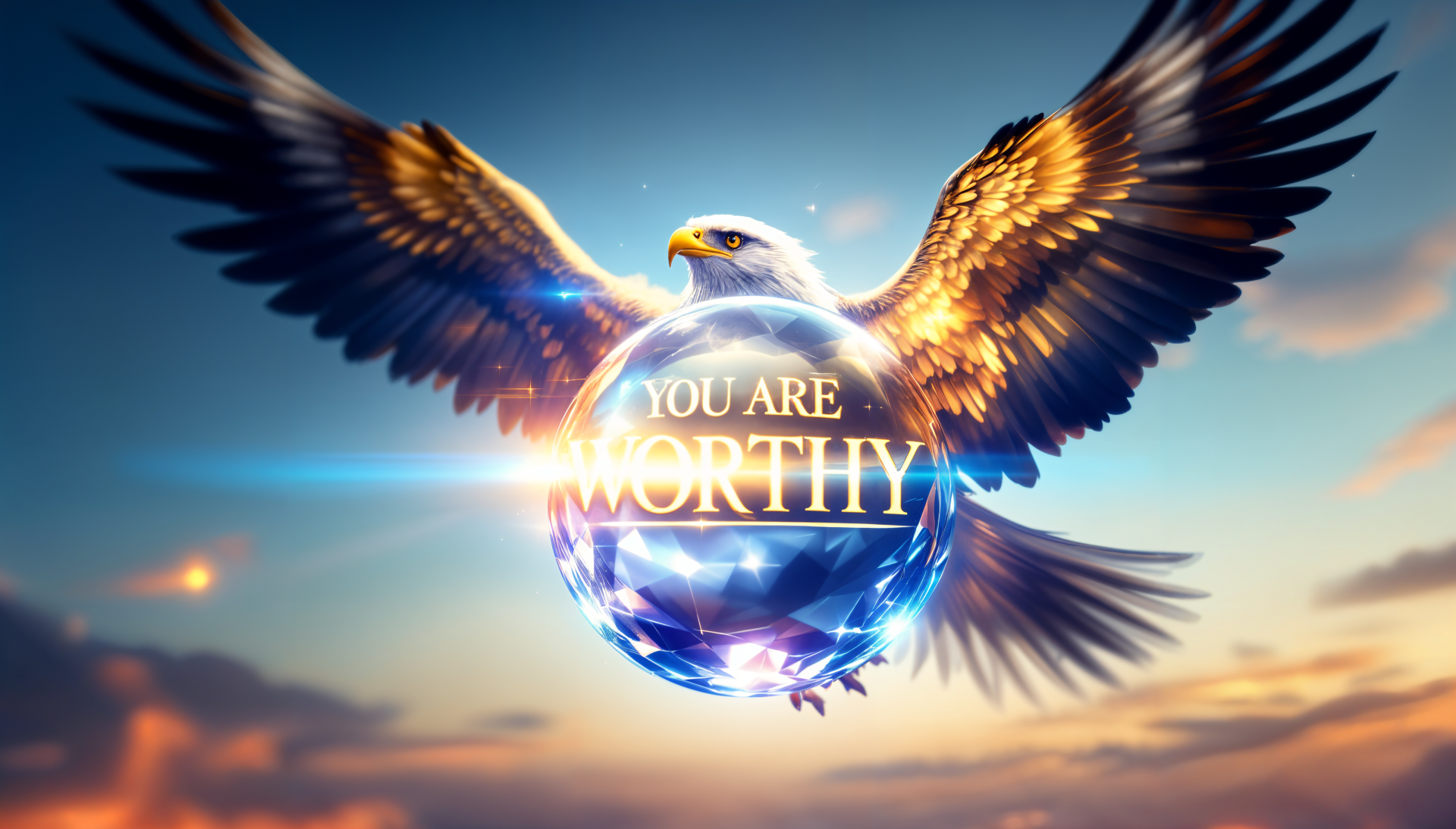 A stunning 4K Ultra HD wallpaper featuring an eagle soaring above, with the empowering text YOU ARE WORTHY glowing at its center against a vibrant sky.